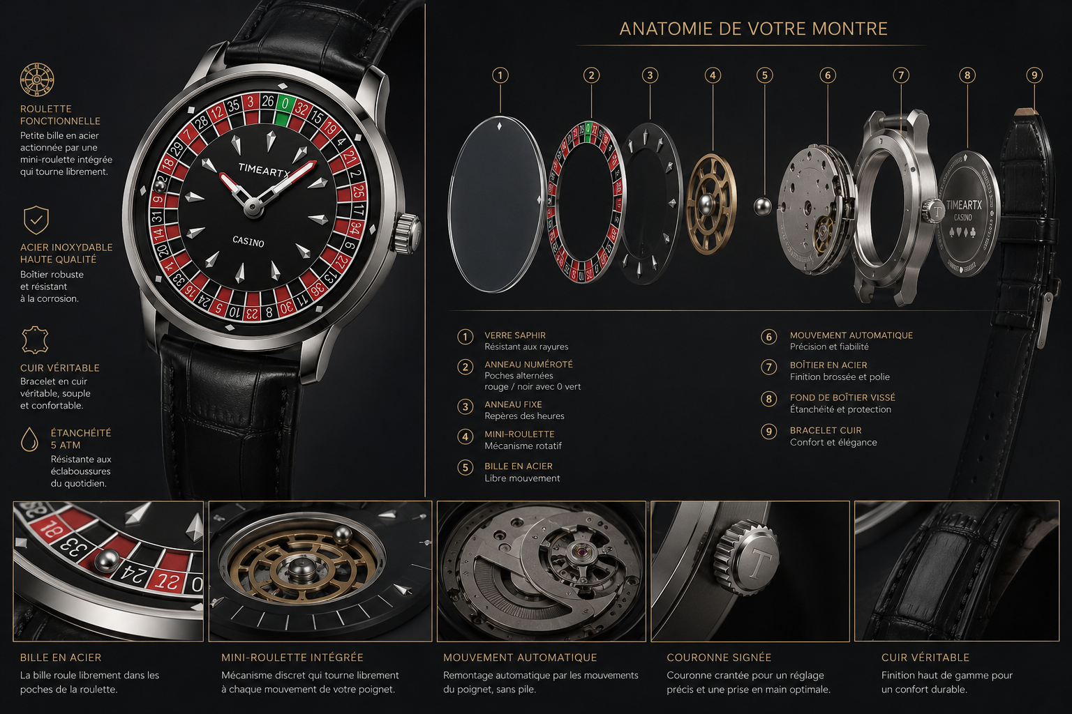 TIMEARTX Casino Royale — Anatomie de la montre fond noir