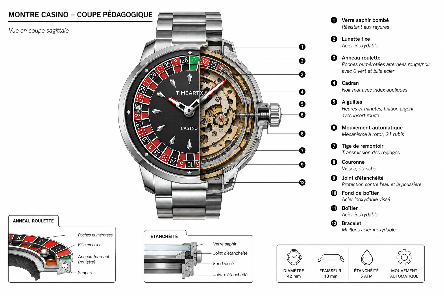 TIMEARTX Casino — Coupe pédagogique mécanisme acier